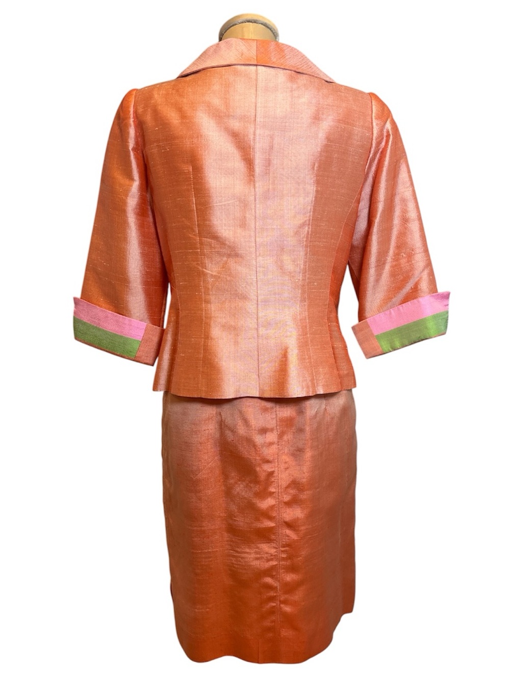 Vintage Silk Shantung Two Piece Suit Peach Pink Green Size Med Read Description - Picture 2 of 16